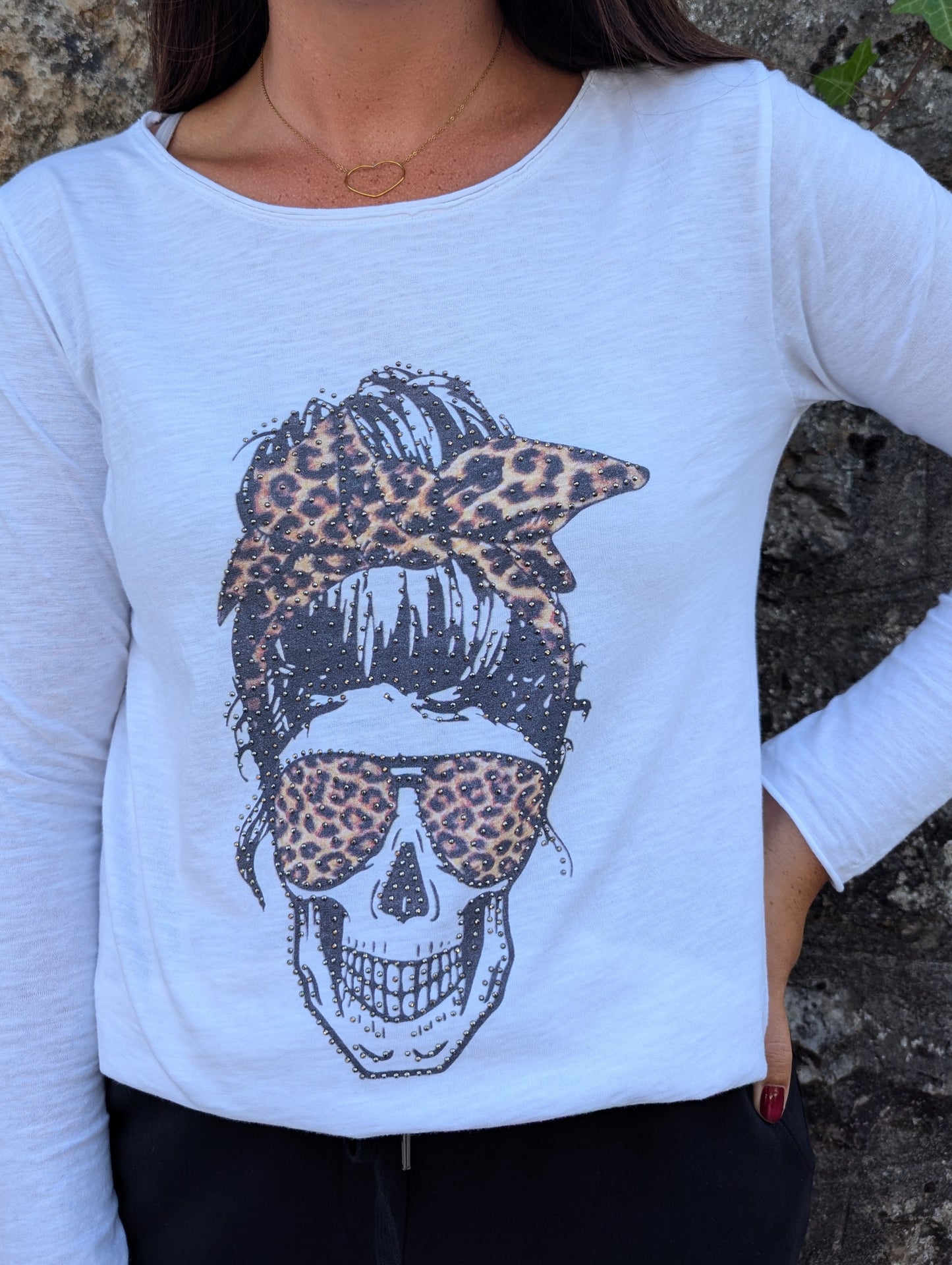 T-shirt manches longues tête de mort léopard strass