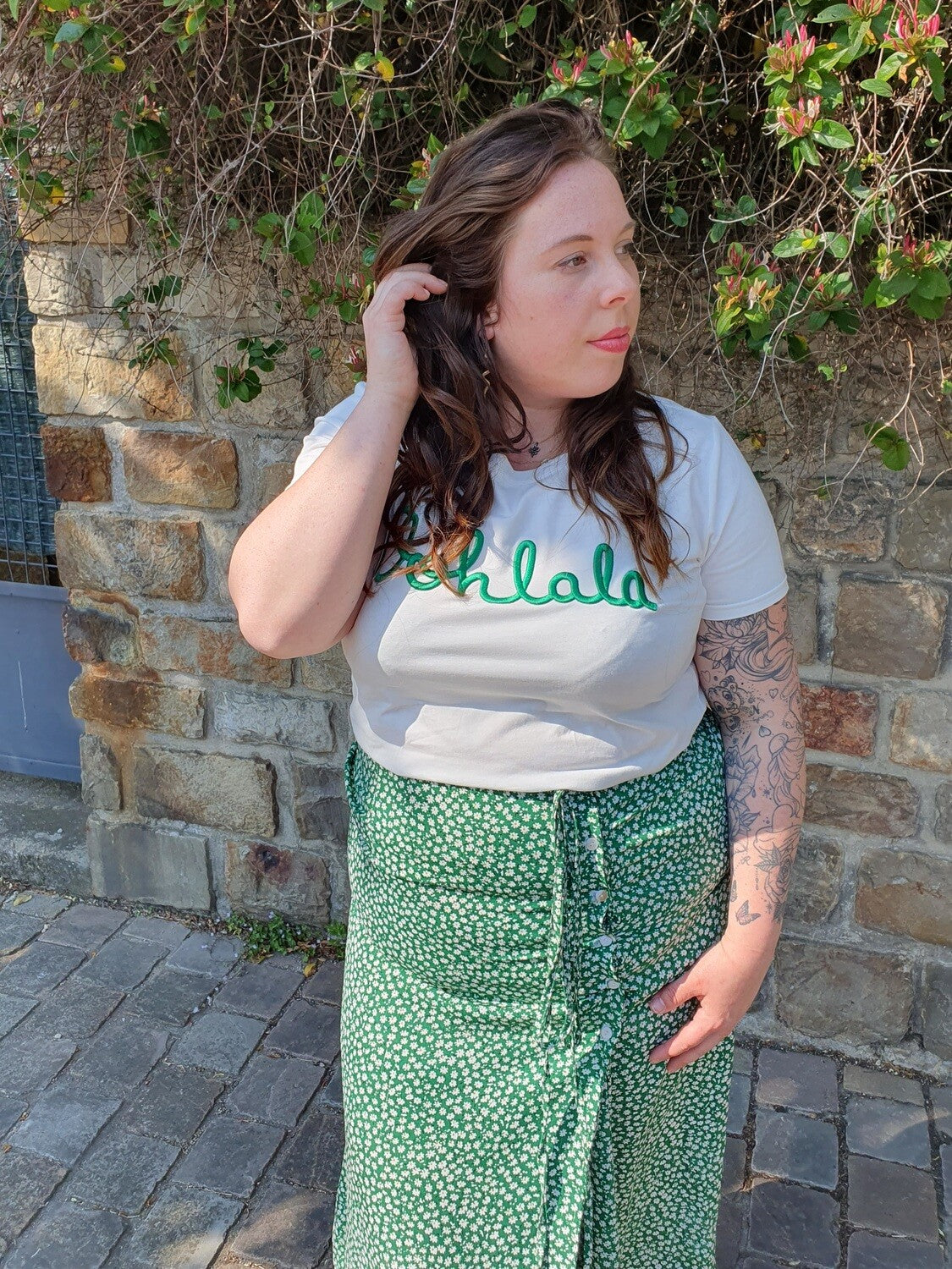T-shirt OOHLALA blanc et vert grande taille col rond