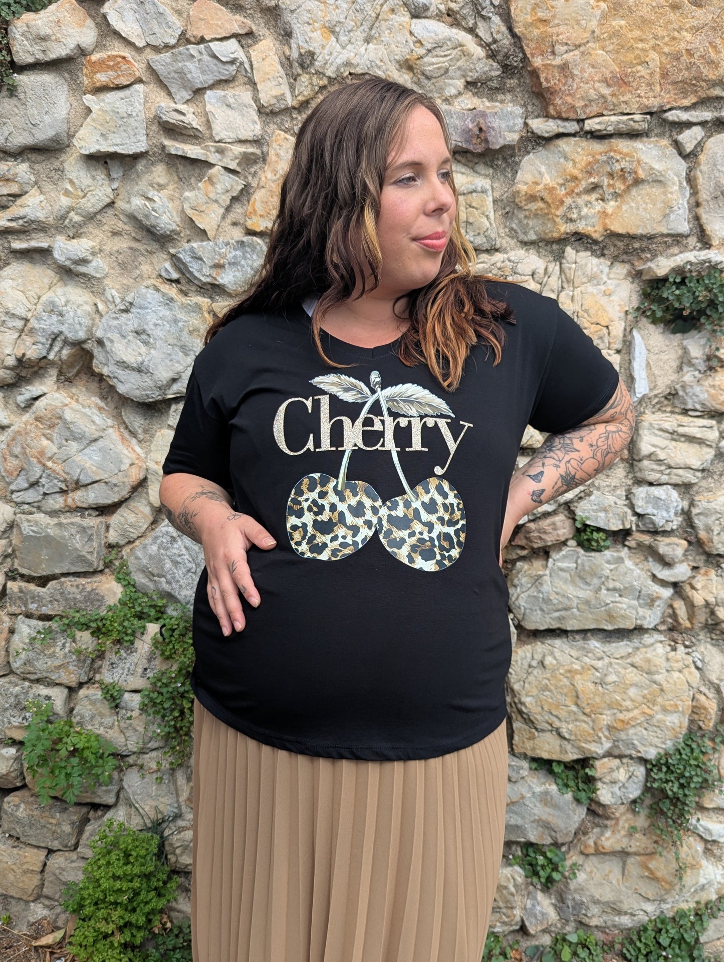 T-shirt cherry noir léopard doré paillettes grande taille