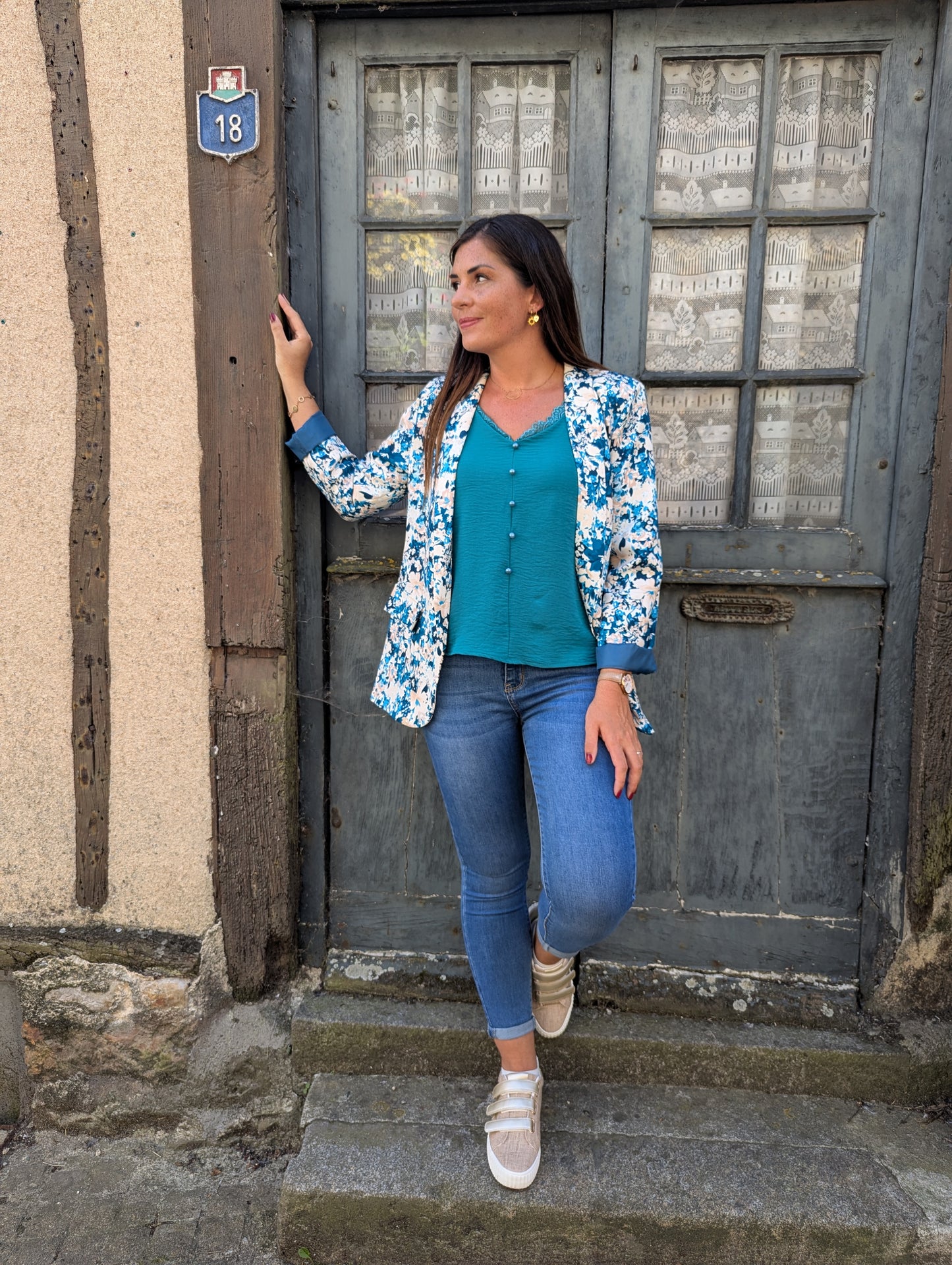 Veste blazer femme imprimé bleu canard et beige
