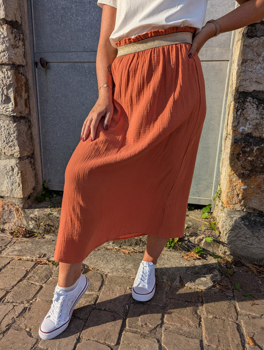Jupe longue plissée terracotta gaze de coton