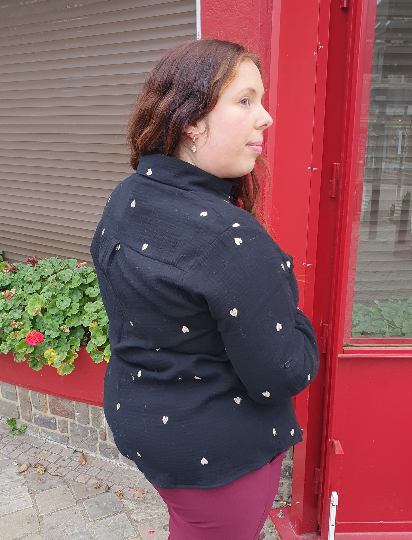 Chemise gaze de coton noir coeurs dorés grande taille femme
