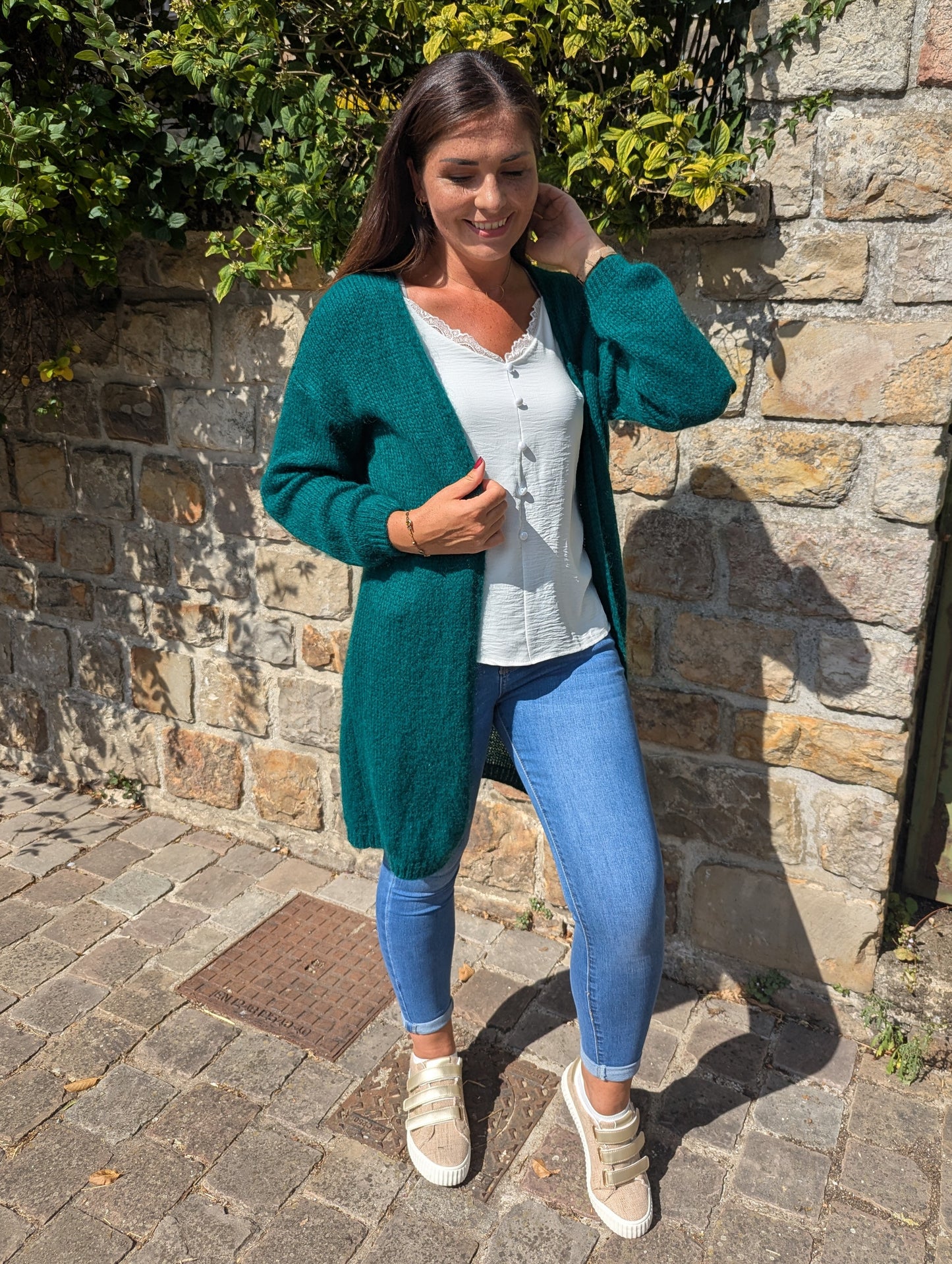 Gilet long vert menthe avec étoiles aux coudes