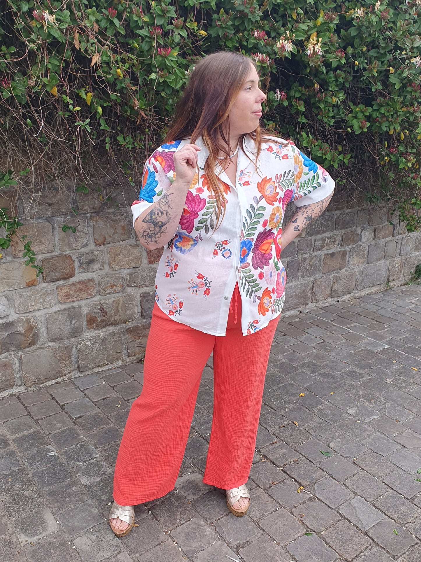 Chemisier imprimé fleurs multicolores en lin grande taille