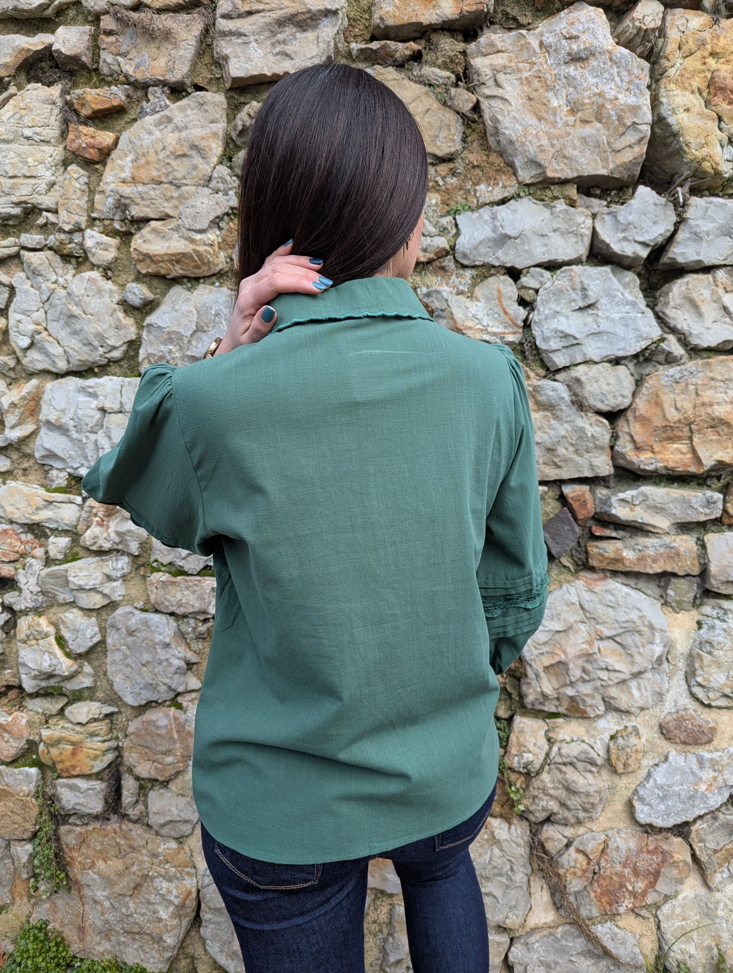 Chemise en coton vert sapin avec dentelle femme