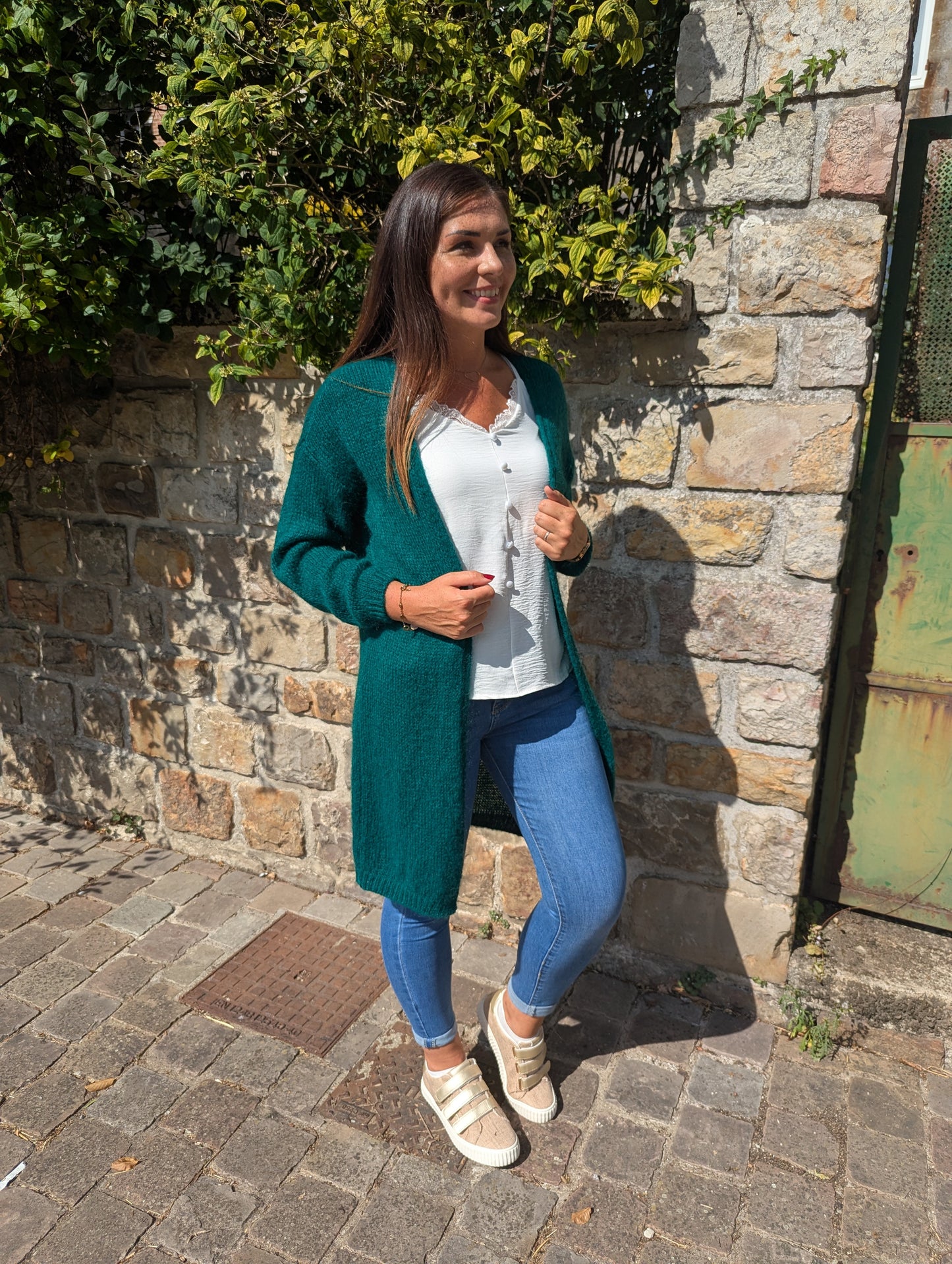 Gilet long vert menthe avec étoiles aux coudes