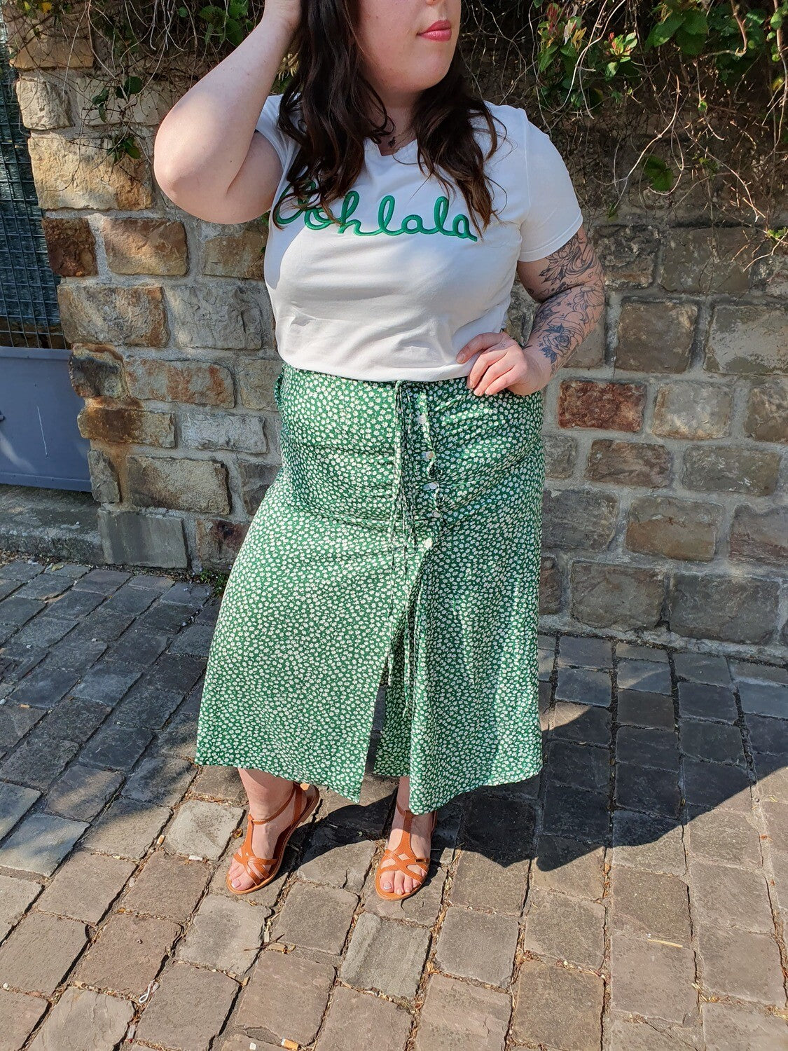 T-shirt OOHLALA blanc et vert grande taille col rond