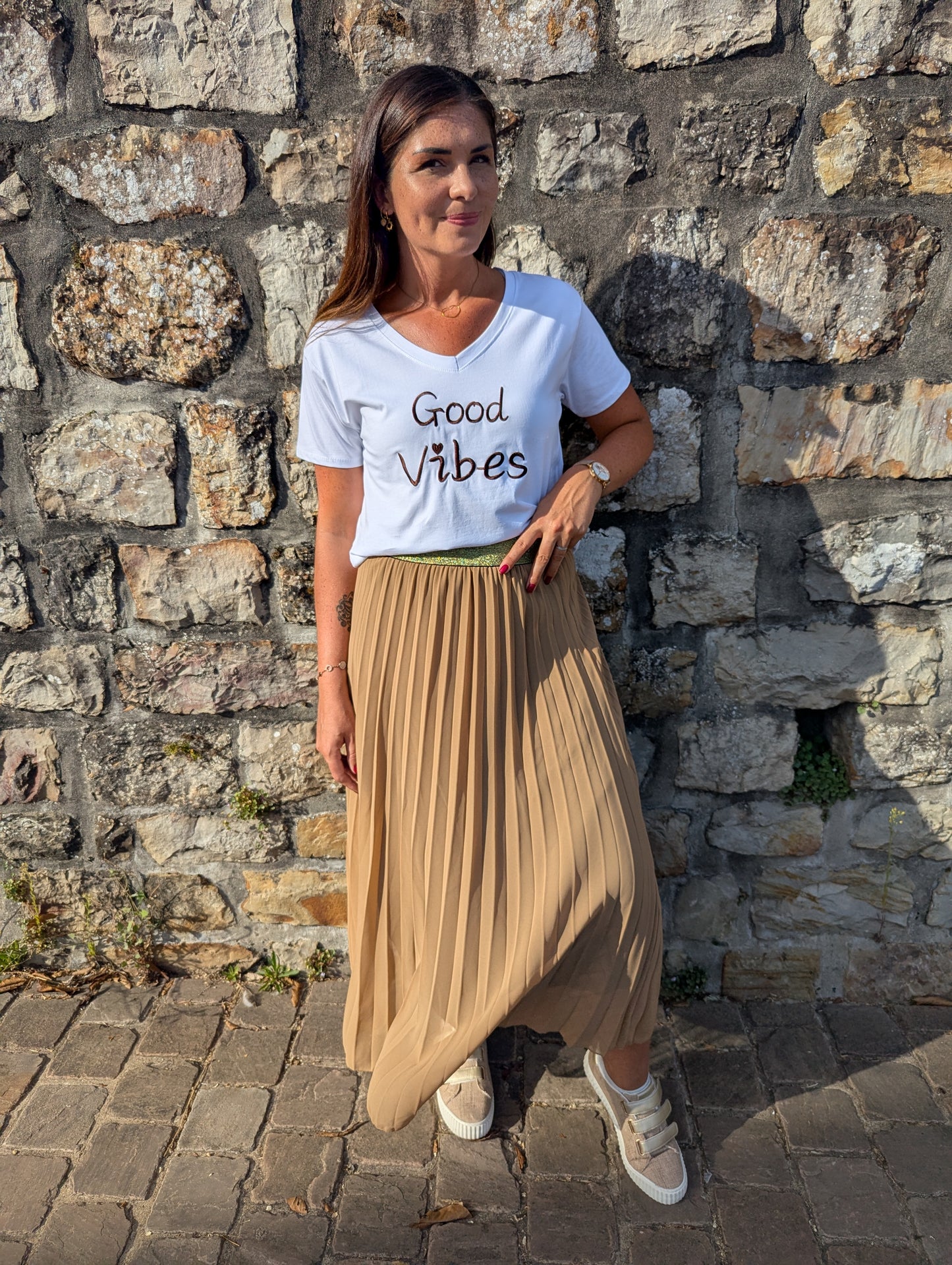 T-shirt good vibes blanc marron taille unique femme