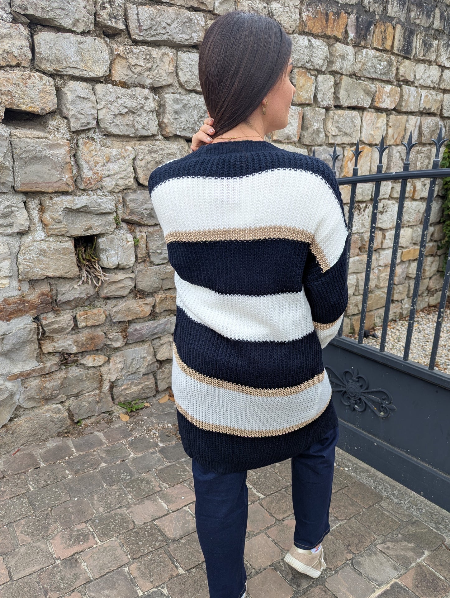 Gilet long bleu marine blanc doré rayures femme