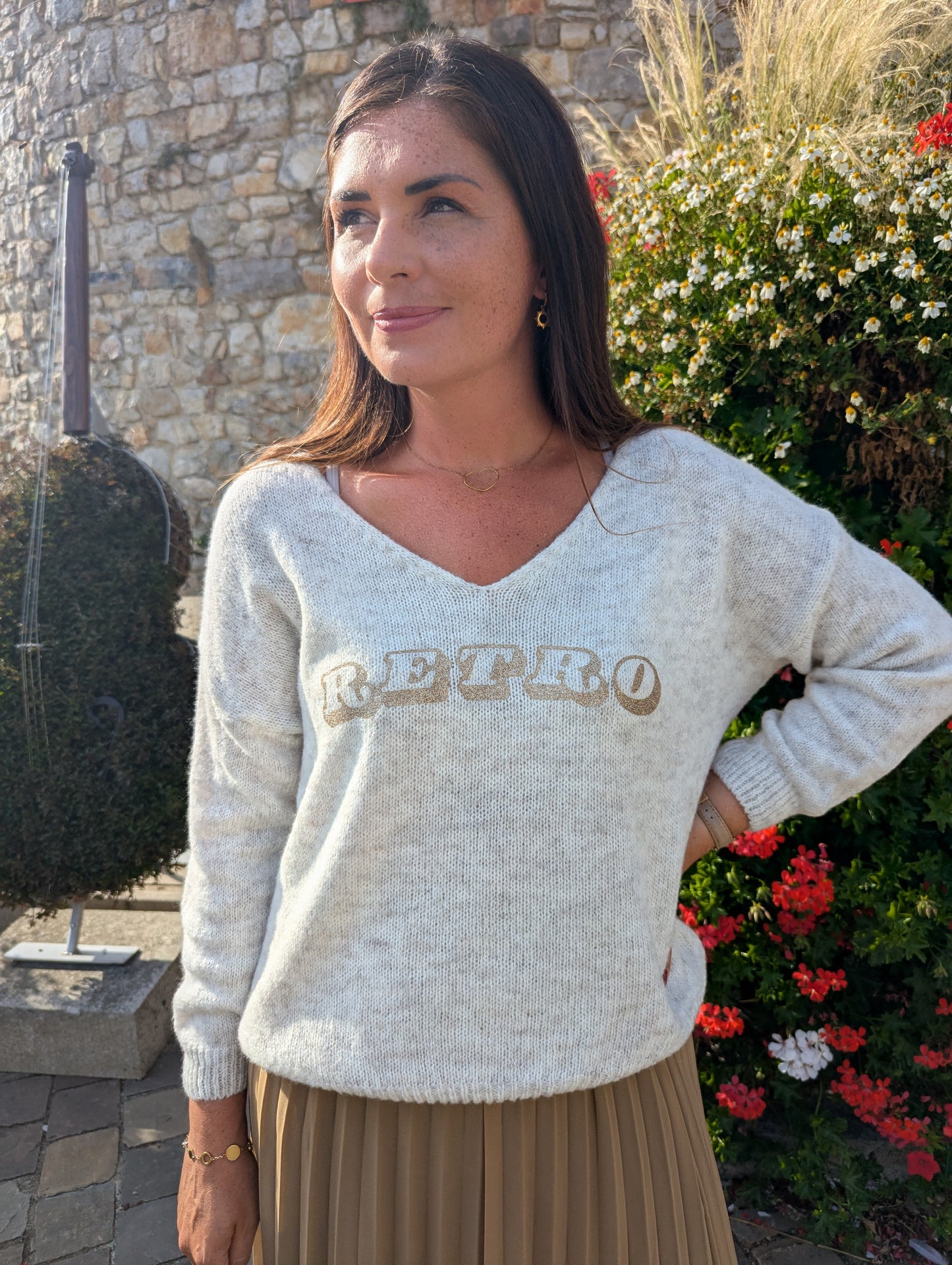 Pull oversize beige chiné et doré rétro