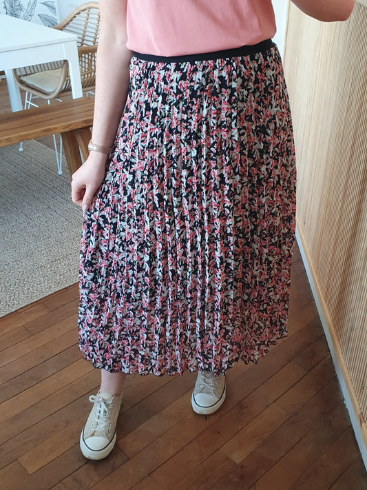 Jupe longue plissée fleurie noire et rose collection mère fille
