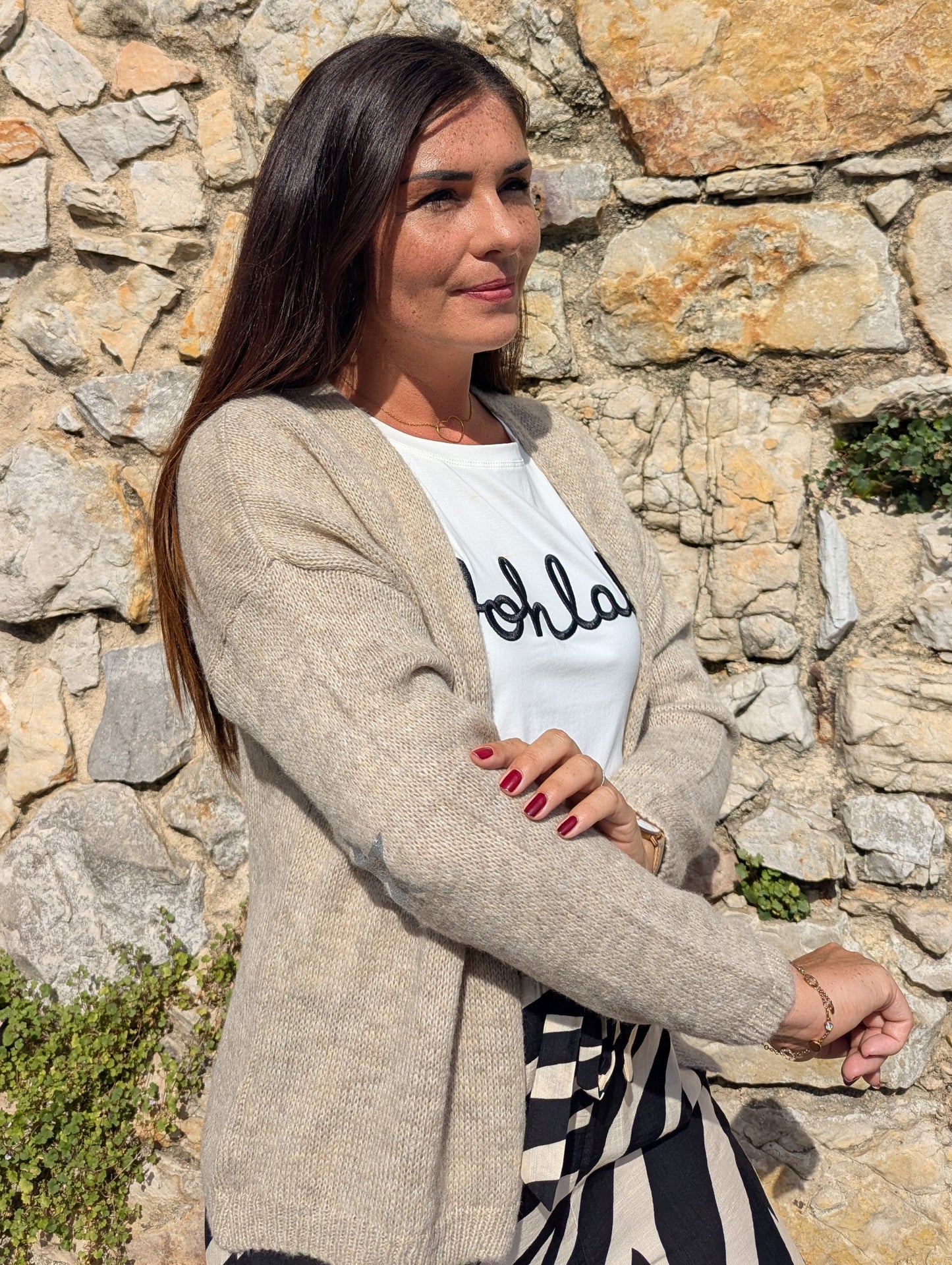 Gilet beige avec étoiles aux coudes femme