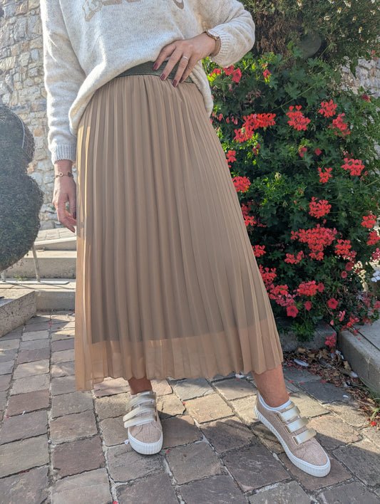Jupe longue plissée marron camel pour femme