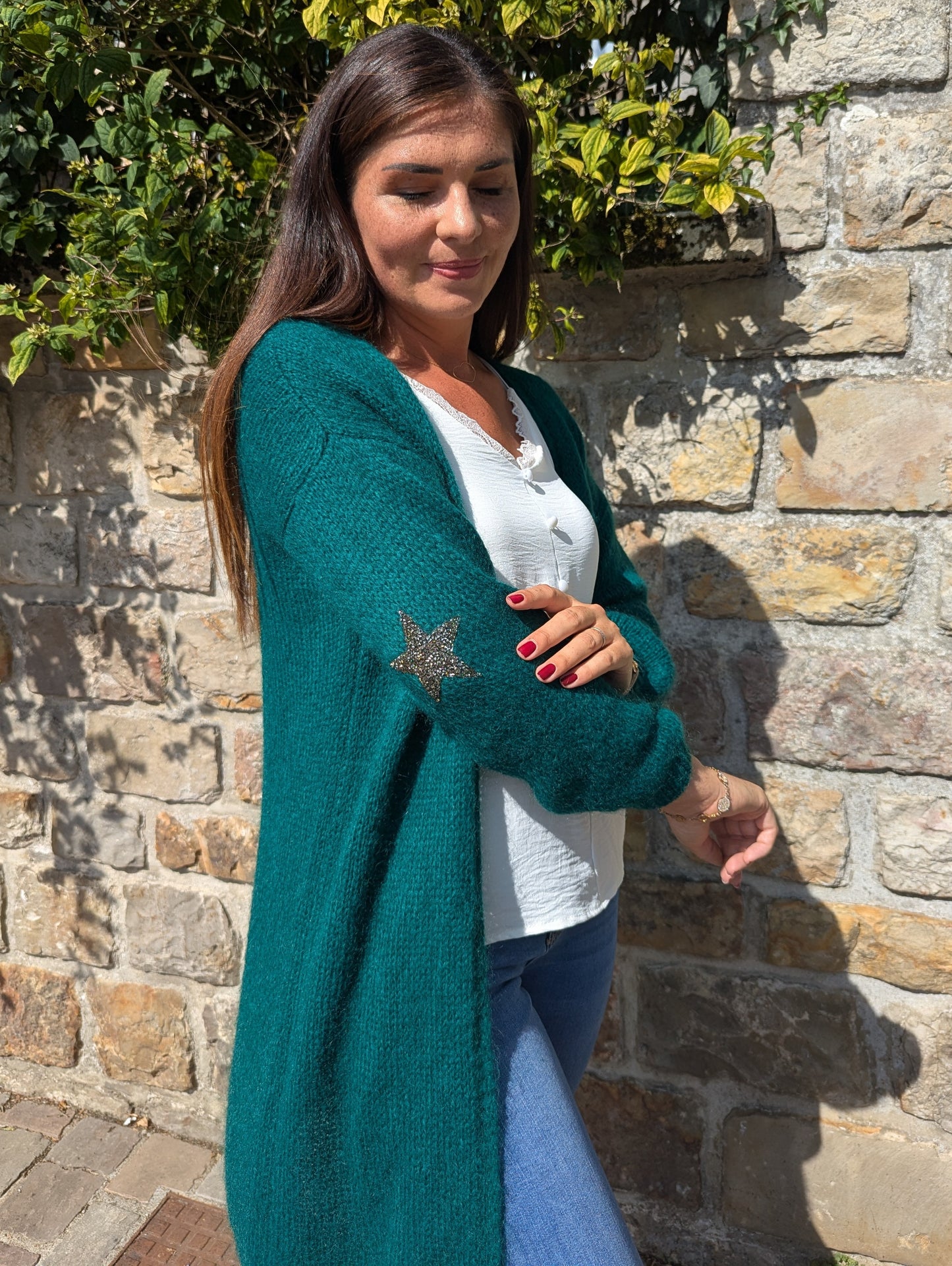 Gilet long vert menthe avec étoiles aux coudes