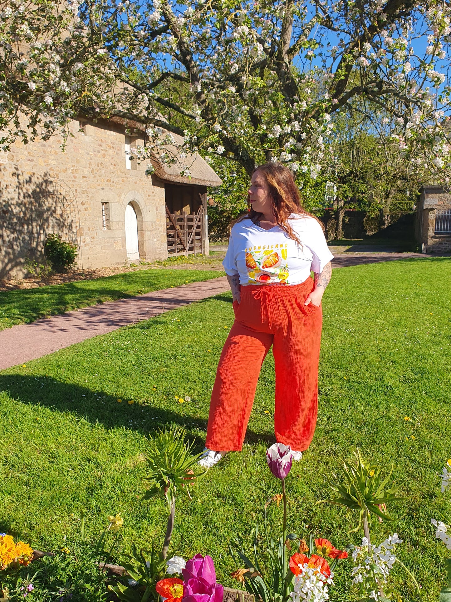 Pantalon gaze de coton couleur corail grande taille curvy