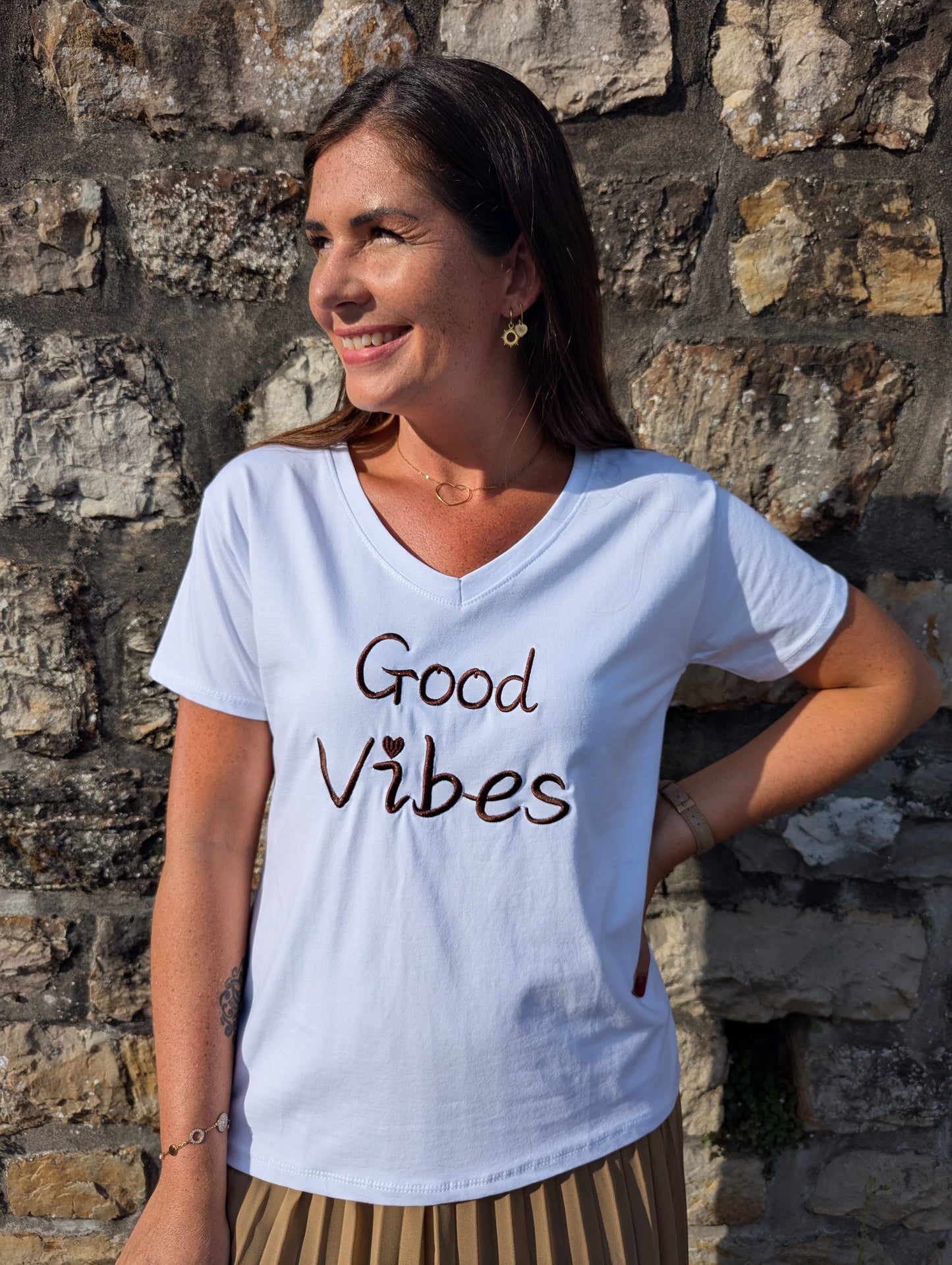 T-shirt good vibes blanc marron taille unique femme