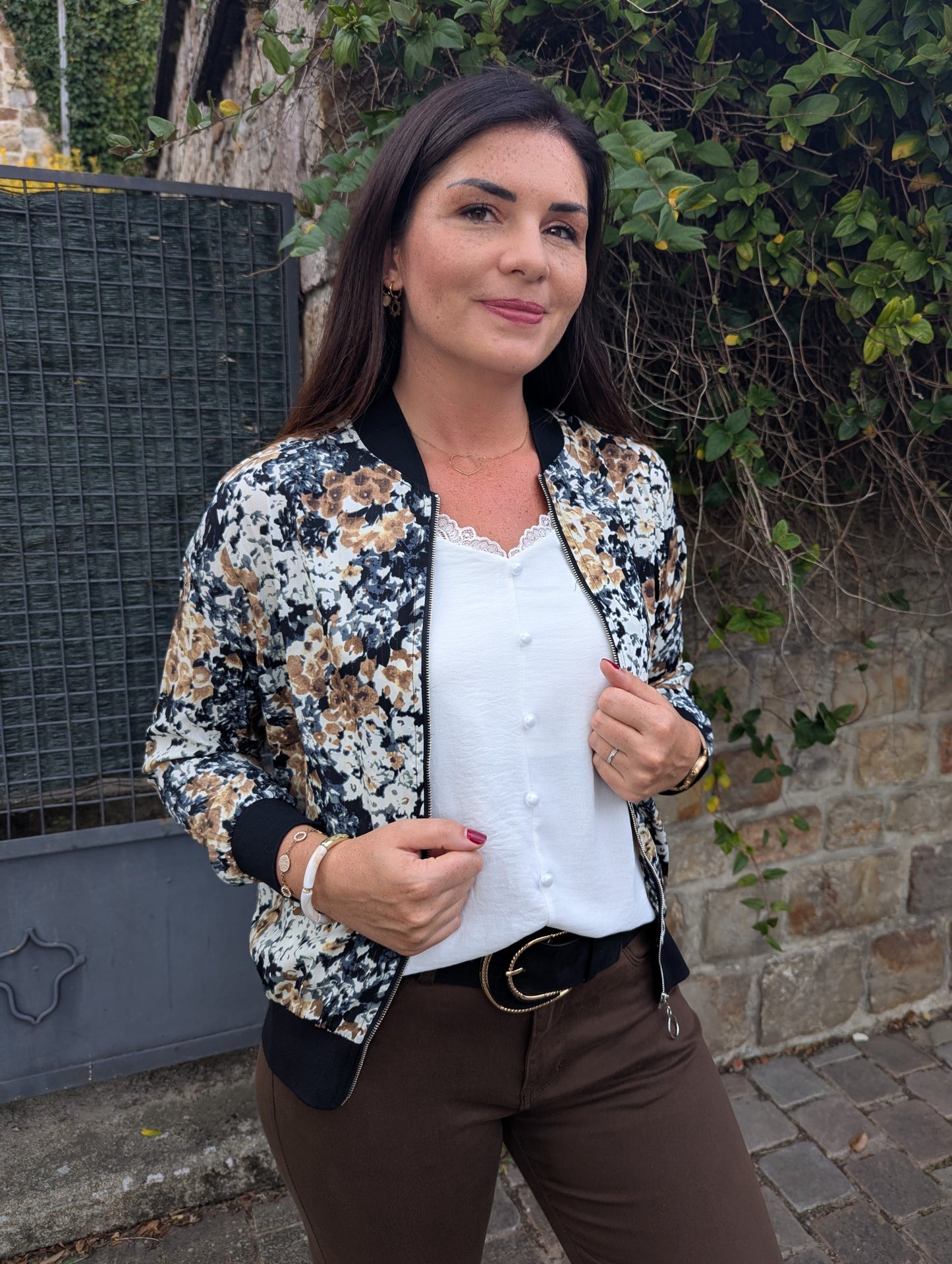 Bomber femme fleurs automne marron noir beige