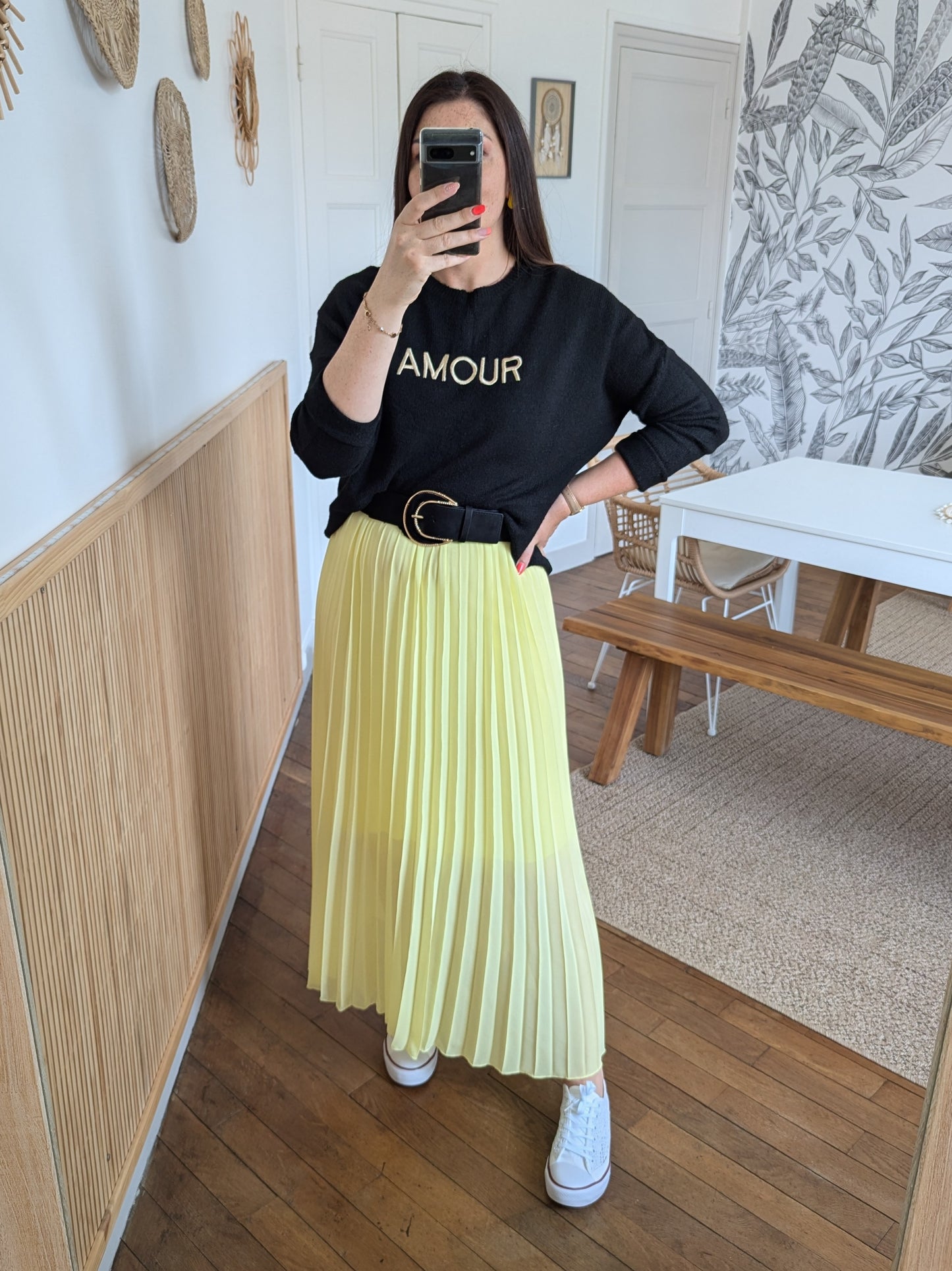Robe longue cérémonie jaune pale plissée manches courtes