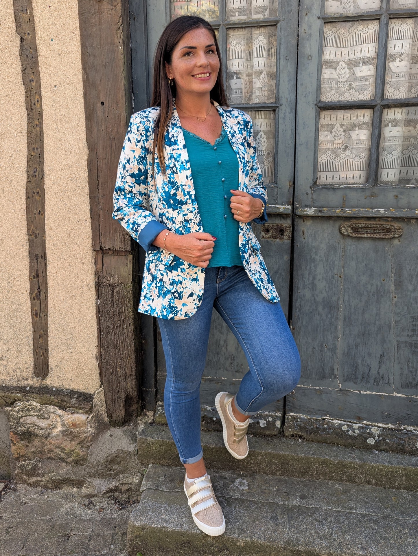 Veste blazer femme imprimé bleu canard et beige