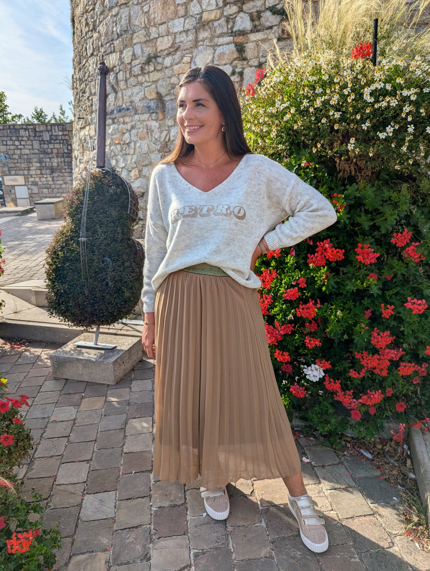 Jupe longue plissée marron camel pour femme