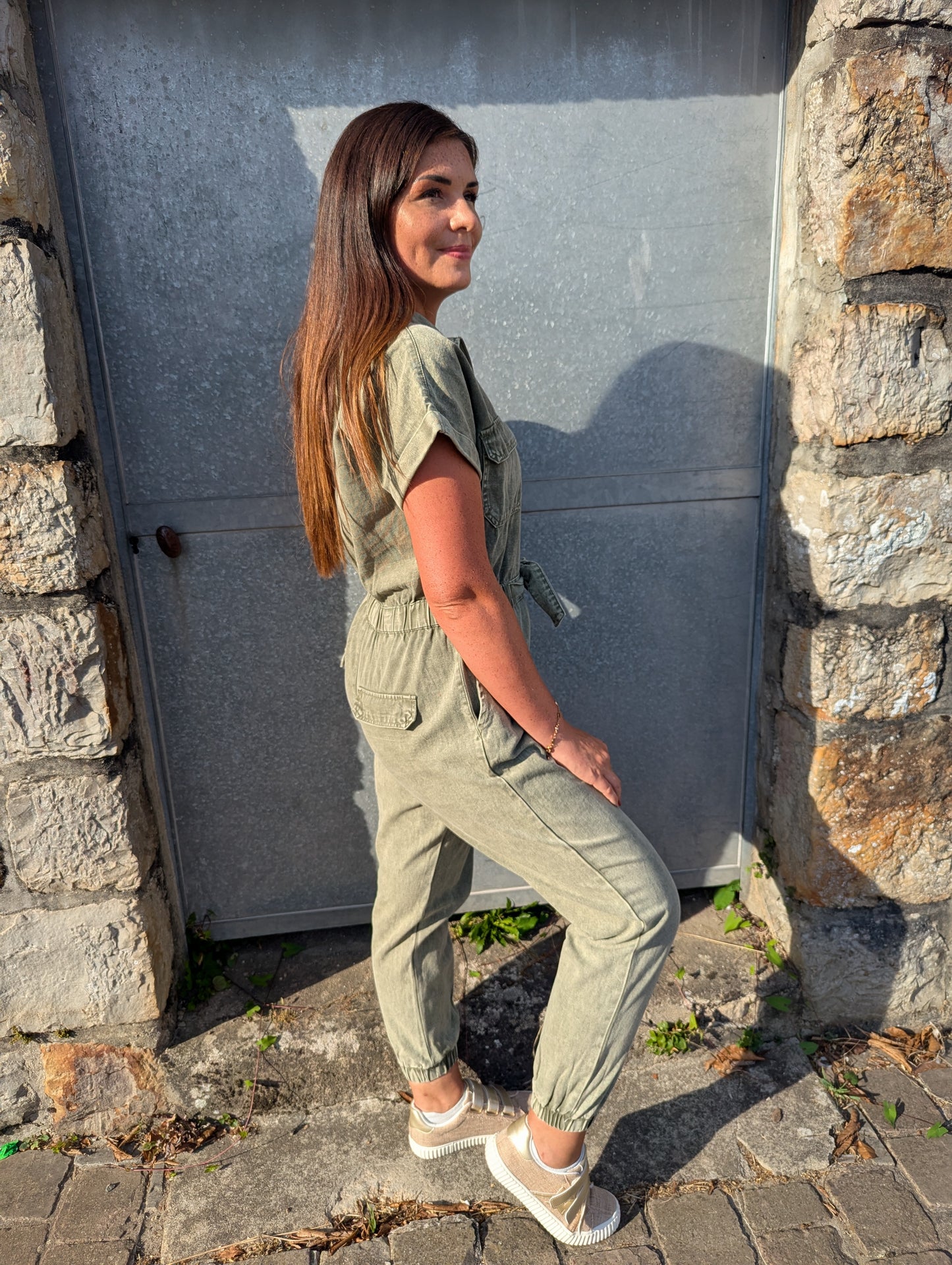 Combinaison pantalon kaki en jean denim manches courtes