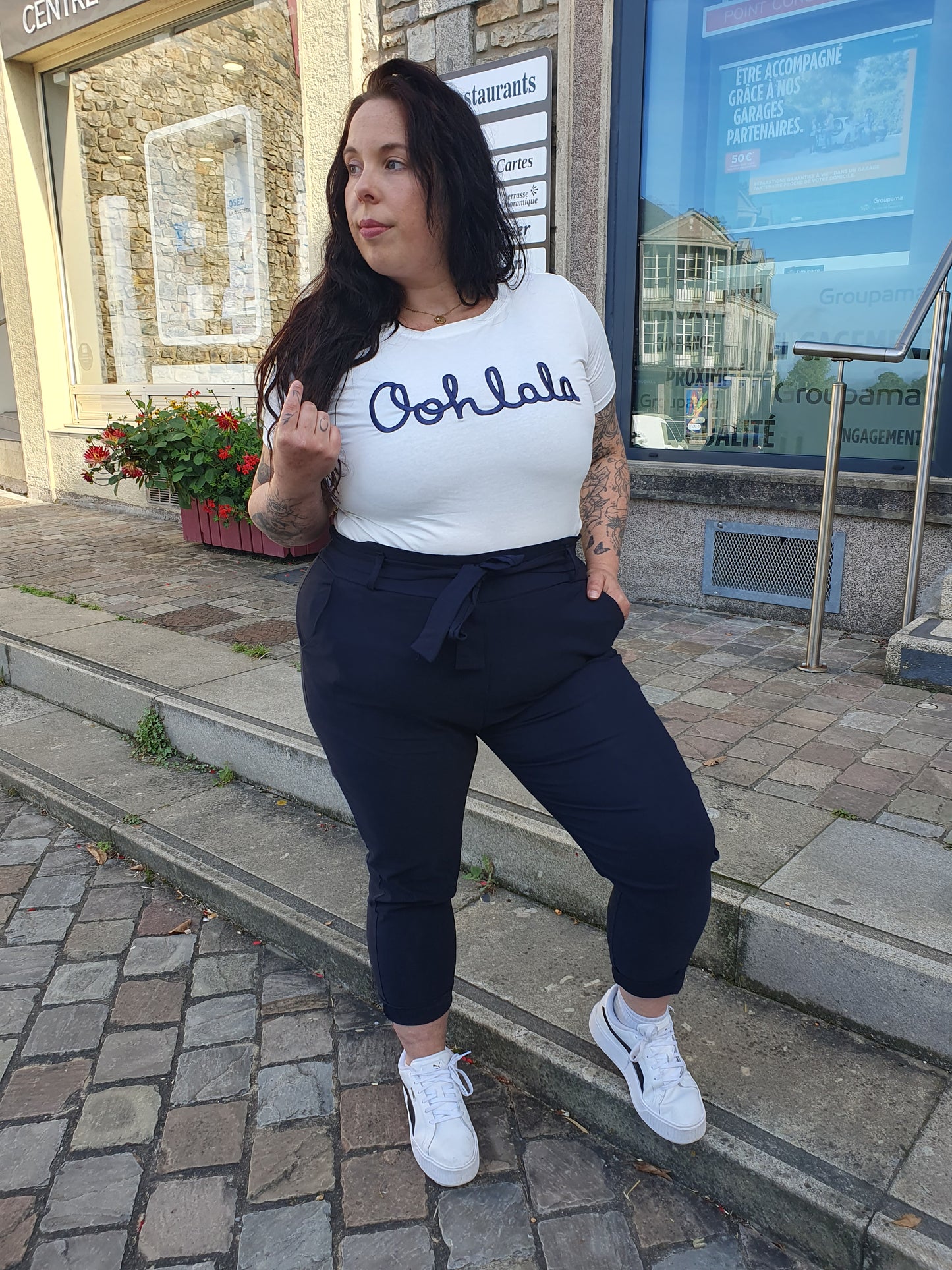 Pantalon chino paperbag bleu marine grande taille curvy