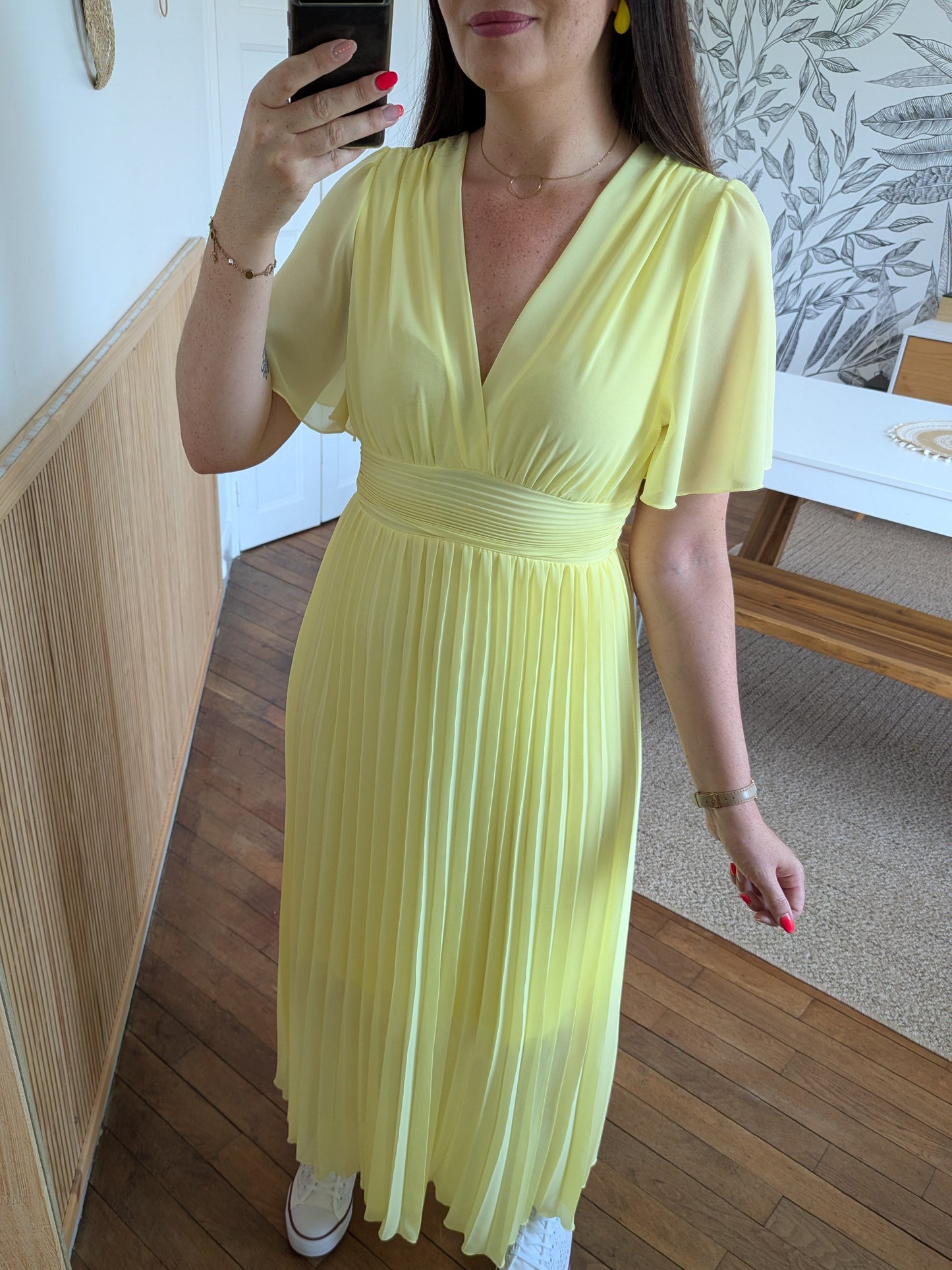 Robe longue cérémonie jaune pale plissée manches courtes