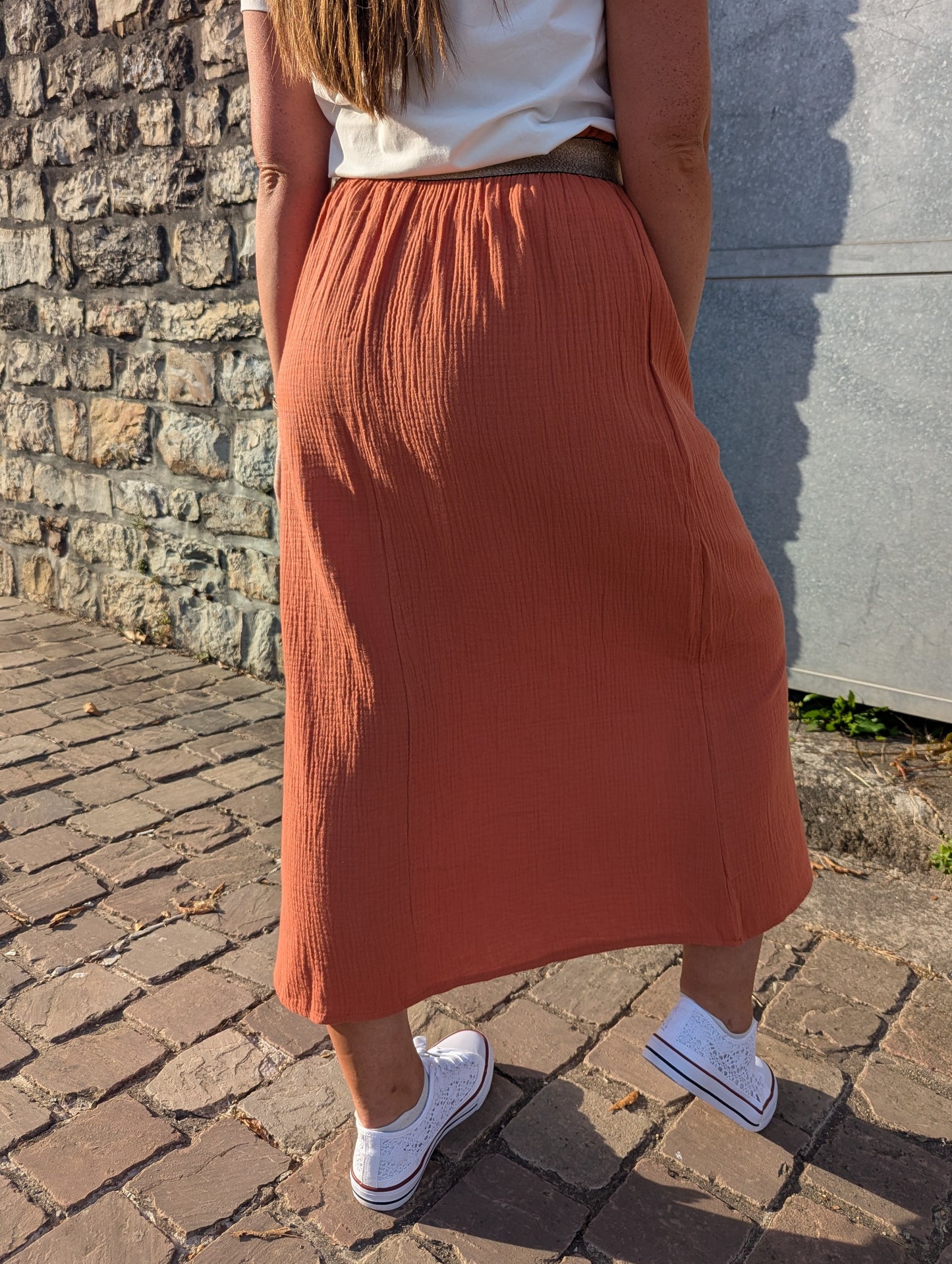 Jupe longue plissée terracotta gaze de coton