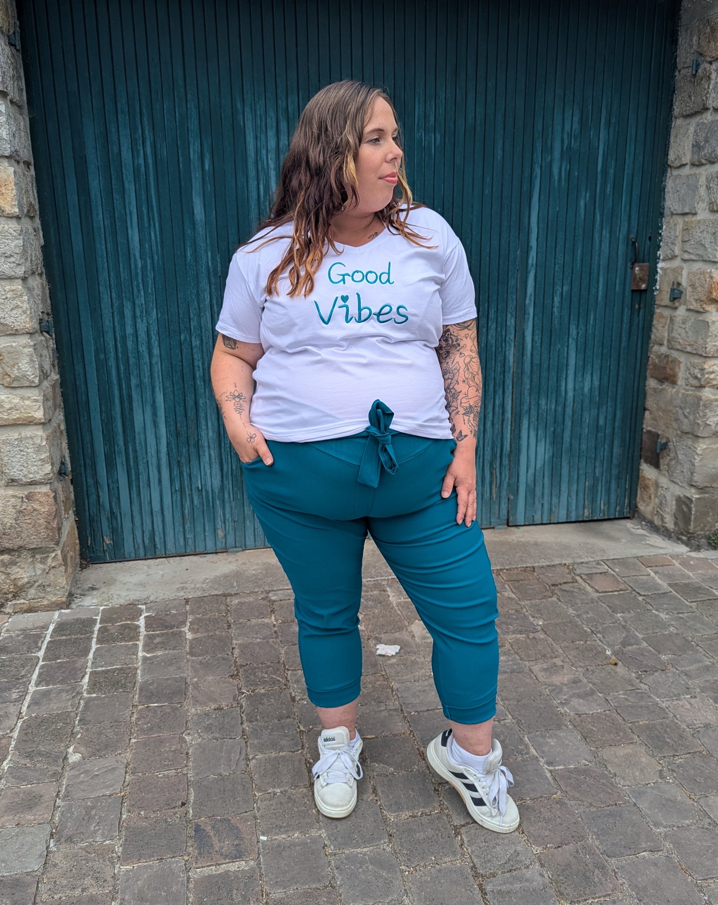 T-shirt good vibes blanc bleu canard grande taille