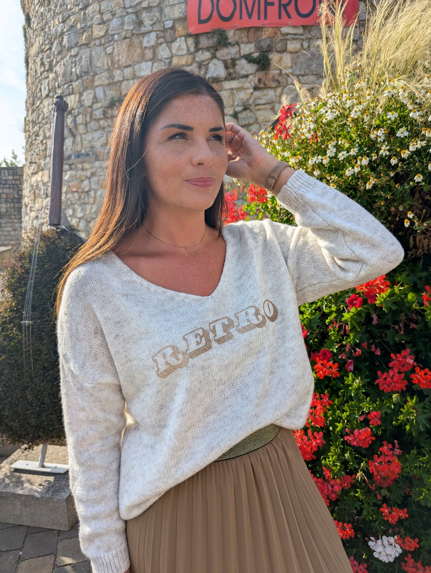 Pull oversize beige chiné et doré rétro