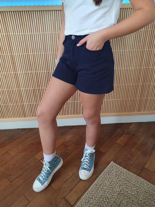Short en toile fille couleur bleu marine taille haute