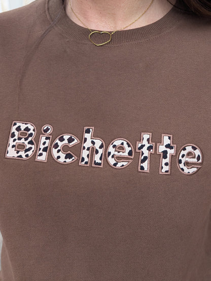 Sweat bichette marron écriture léopard femme