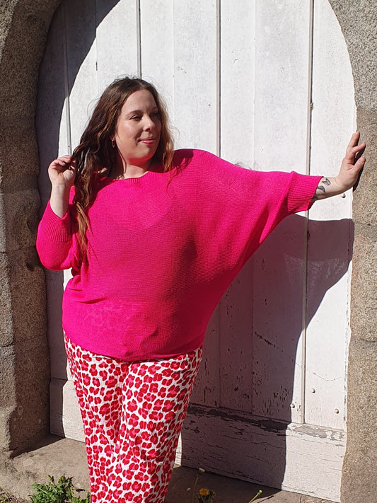 Pull ajouré rose fushia manches chauve souris grande taille