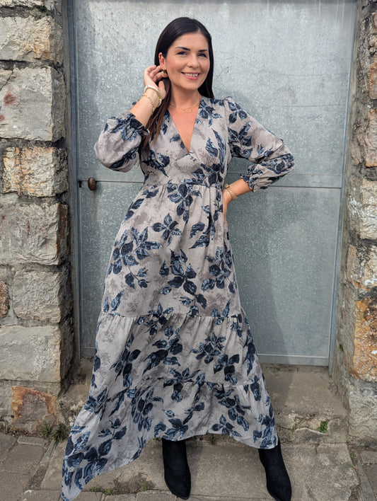 Robe longue feuilles gris beige automne hiver femme