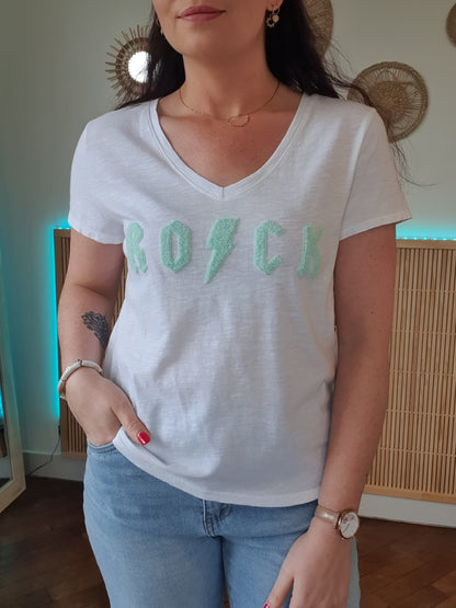 T-shirt femme rock blanc et vert d'eau col en v