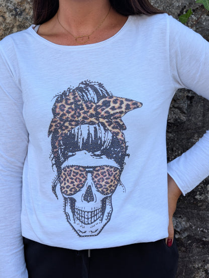 T-shirt manches longues tête de mort léopard strass