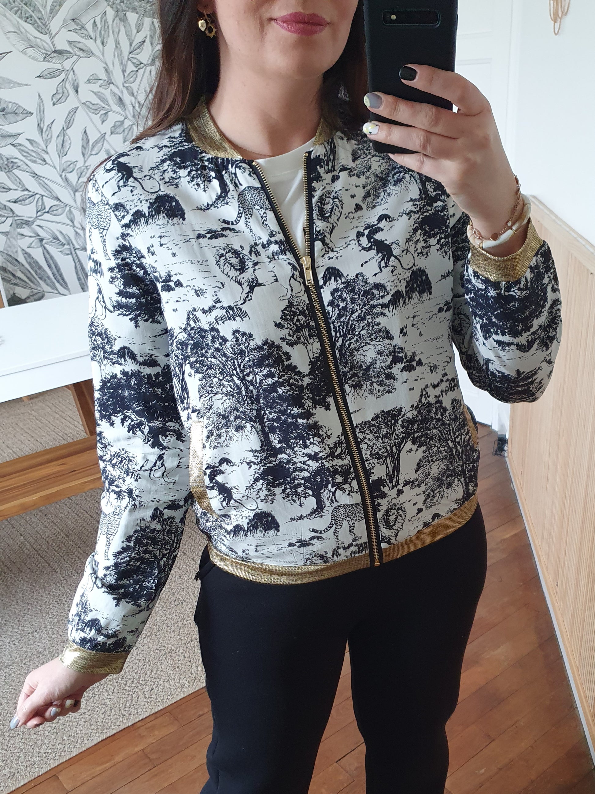 Bomber femme jungle noir et blanc détails dorés poches