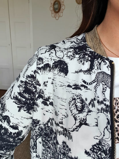 Bomber femme jungle noir et blanc détails dorés poches