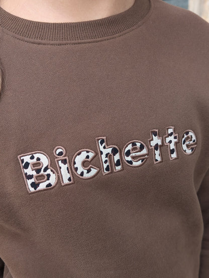 Sweat bichette marron écriture léopard fille