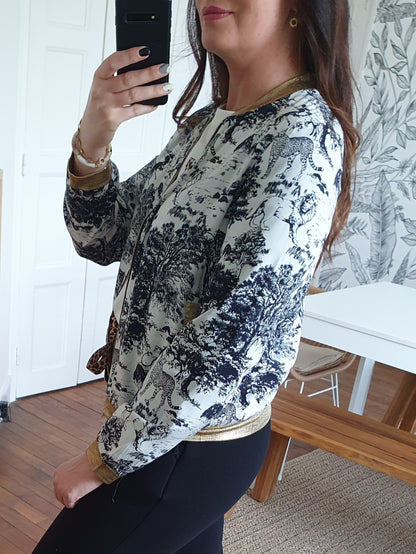Bomber femme jungle noir et blanc détails dorés poches