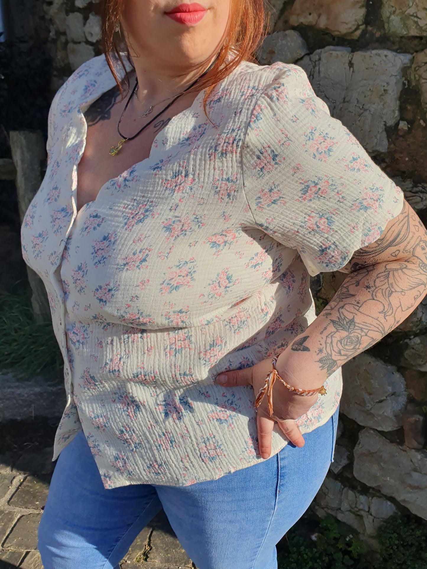 Blouse manches courtes gaze de coton imprimé fleurs