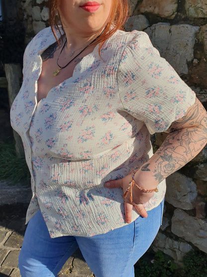 Blouse manches courtes gaze de coton imprimé fleurs