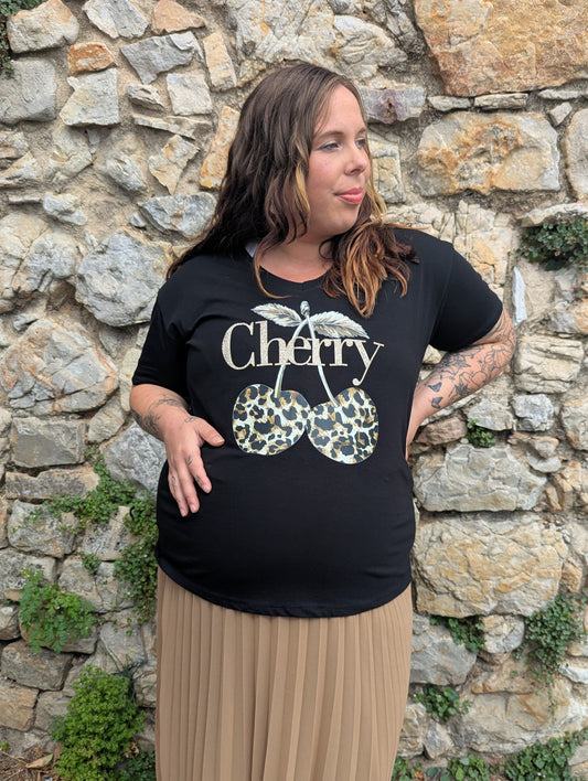 T-shirt cherry noir léopard doré paillettes grande taille