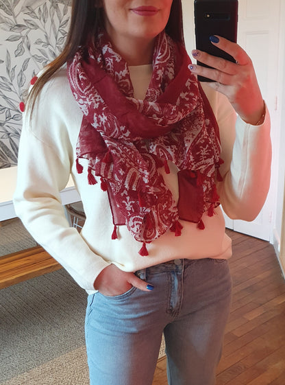 Foulard bordeaux avec pompons femme printemps