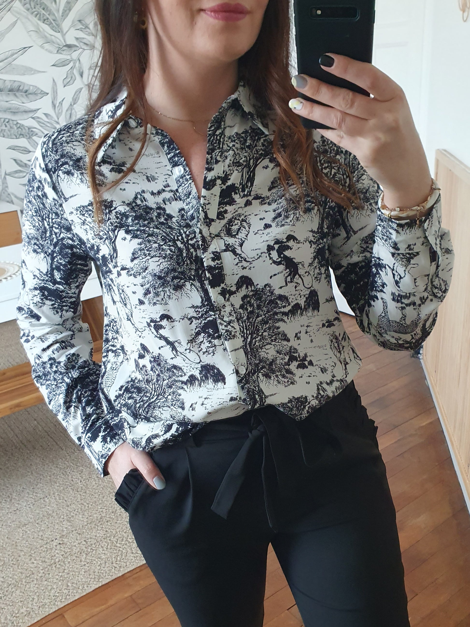 Chemise femme motif jungle noir et blanc working girl