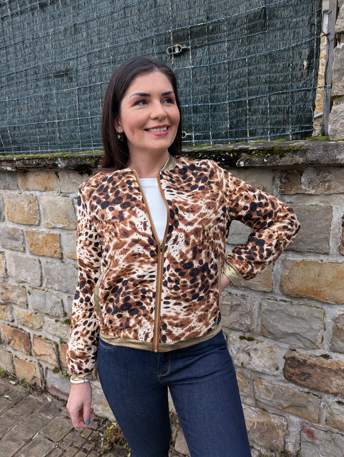 Bomber femme motif panthère marron avec détails dorés