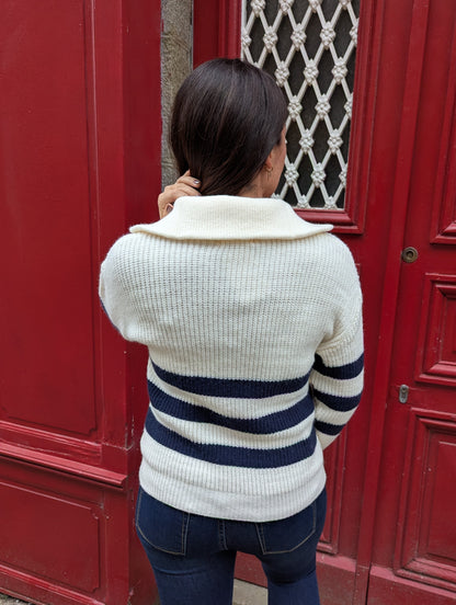 Pull rayé col camionneur blanc et bleu marine femme
