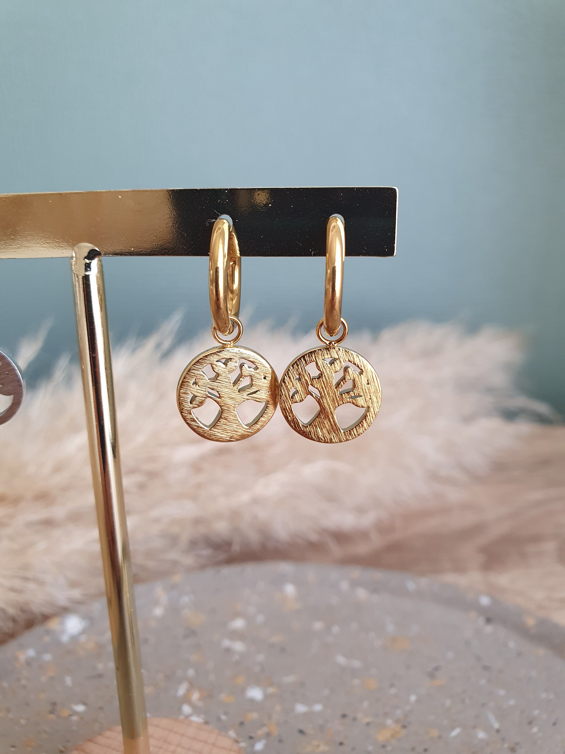 Boucles d'oreilles créoles arbre de vie doré argenté femme