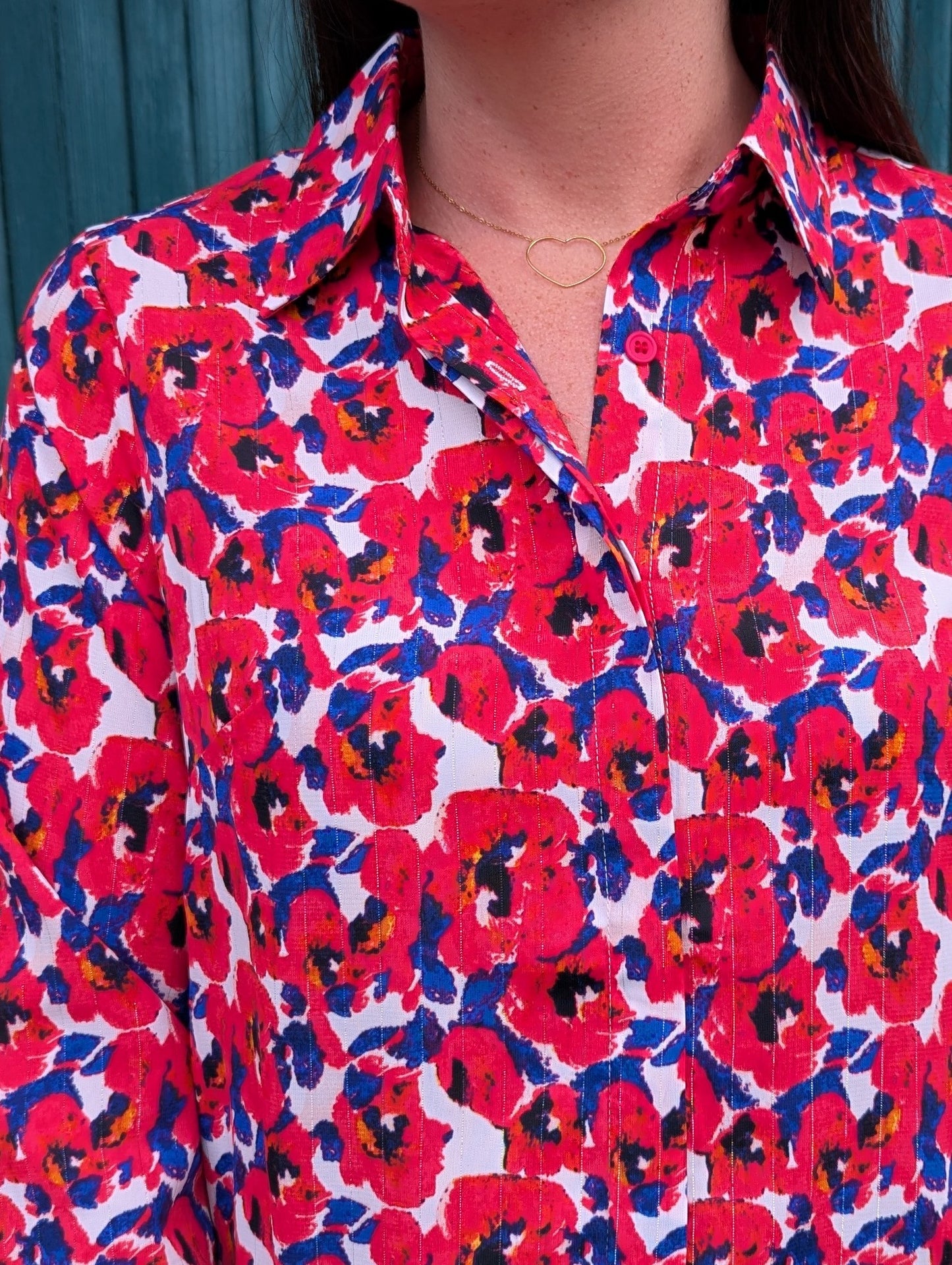 Chemise fluide imprimé fleurs coquelicots fushia bleu