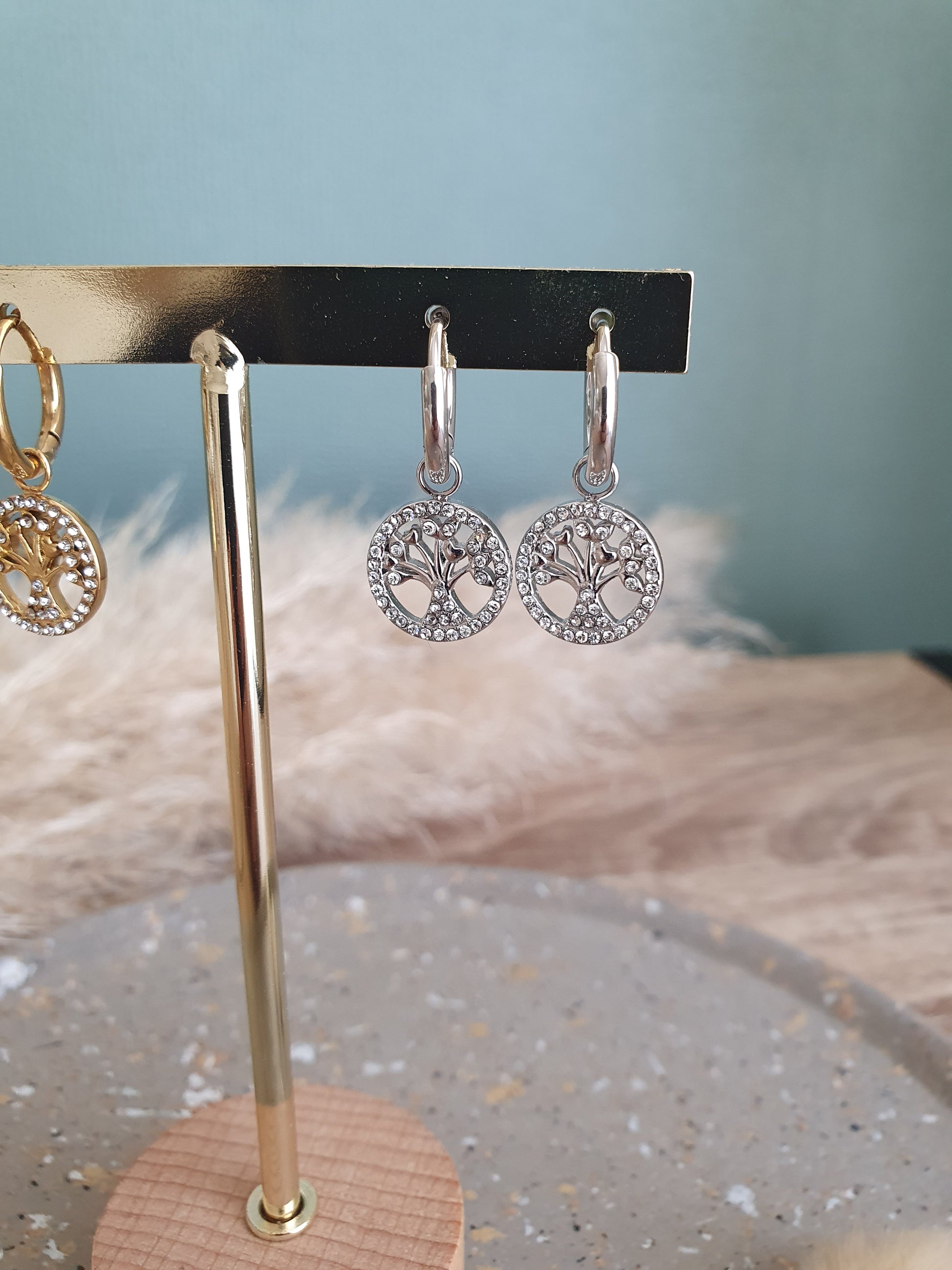 Boucles d'oreilles créoles arbre de vie doré argenté femme